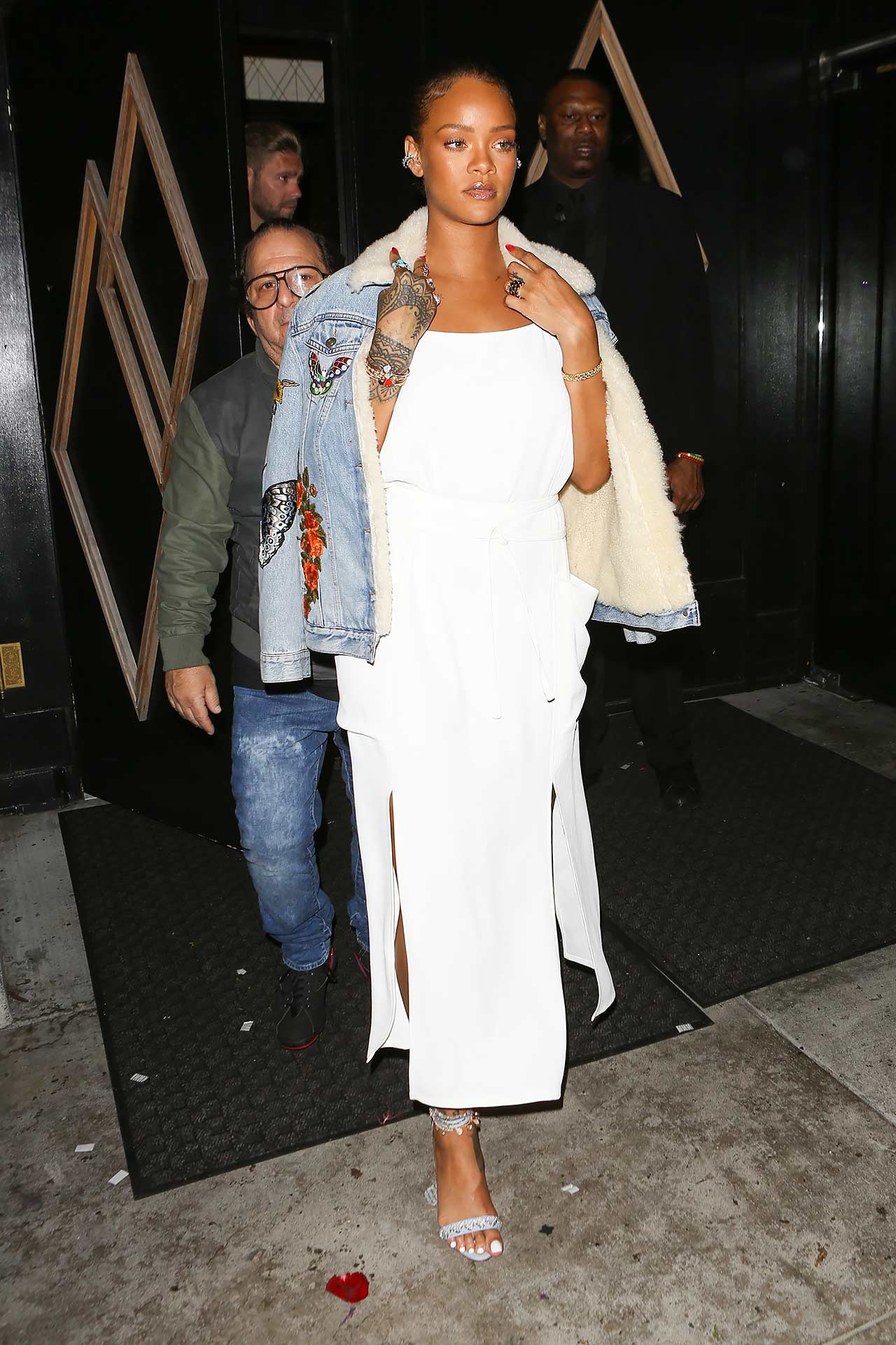 Rihanna-Wears-A-Gucci-Embroidered-Denim-Jacket-Over-Dress