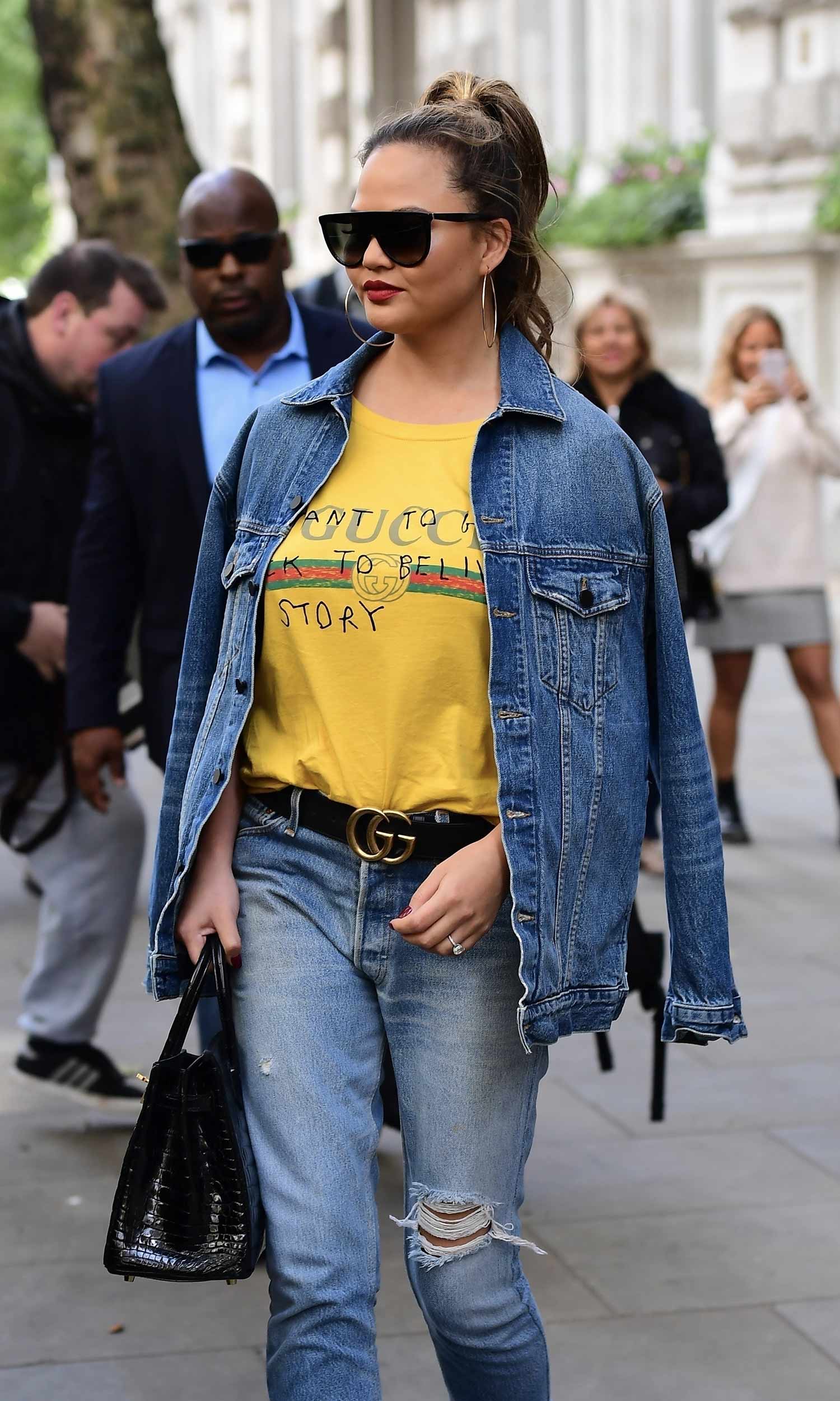 Chrissy Teigen Wears Double Denim With Gucci THE JEANS BLOG