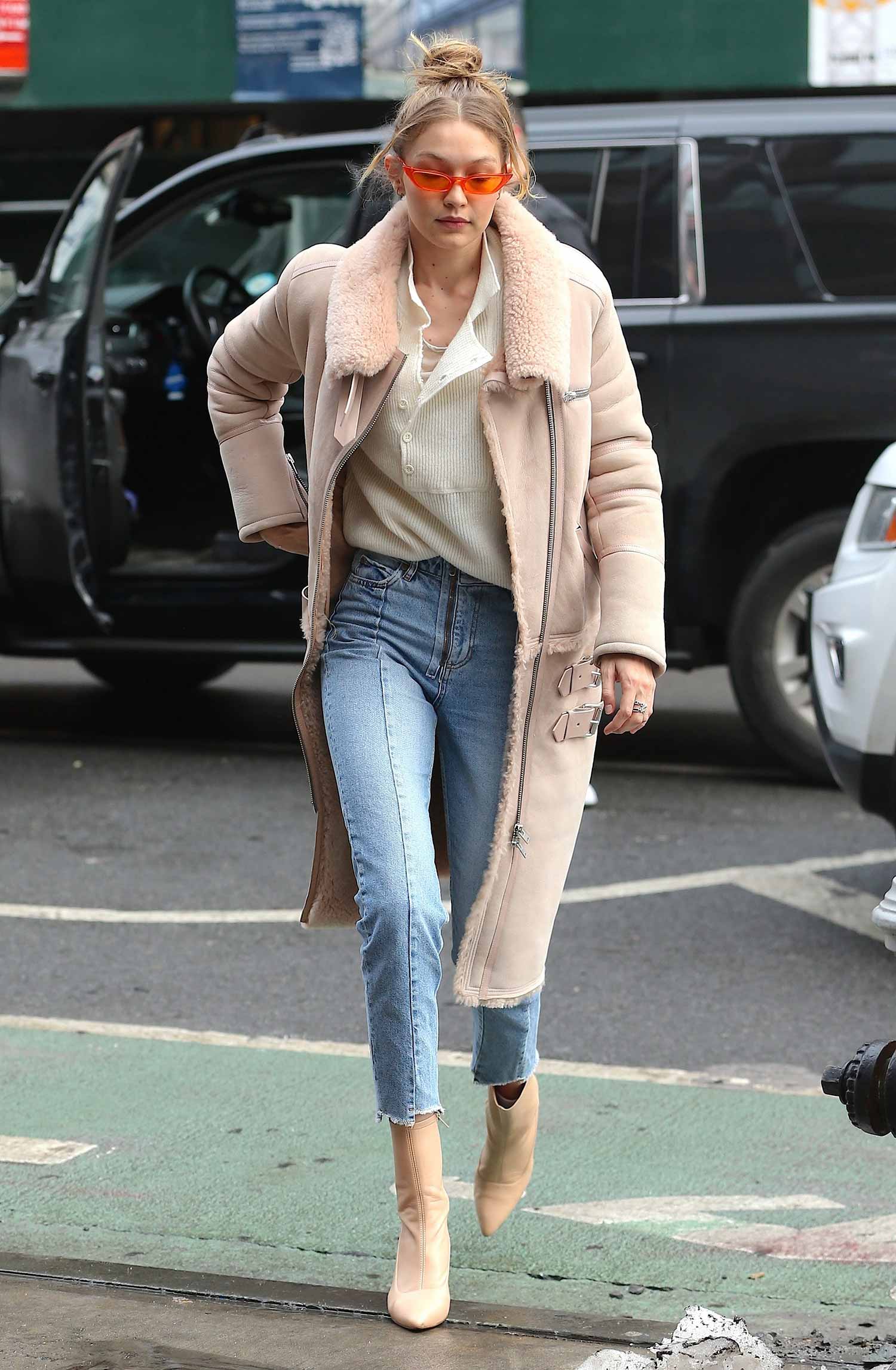 Gigi Hadid Wears Sandro Miren Stepped Hem Straight Jeans - THE JEANS BLOG