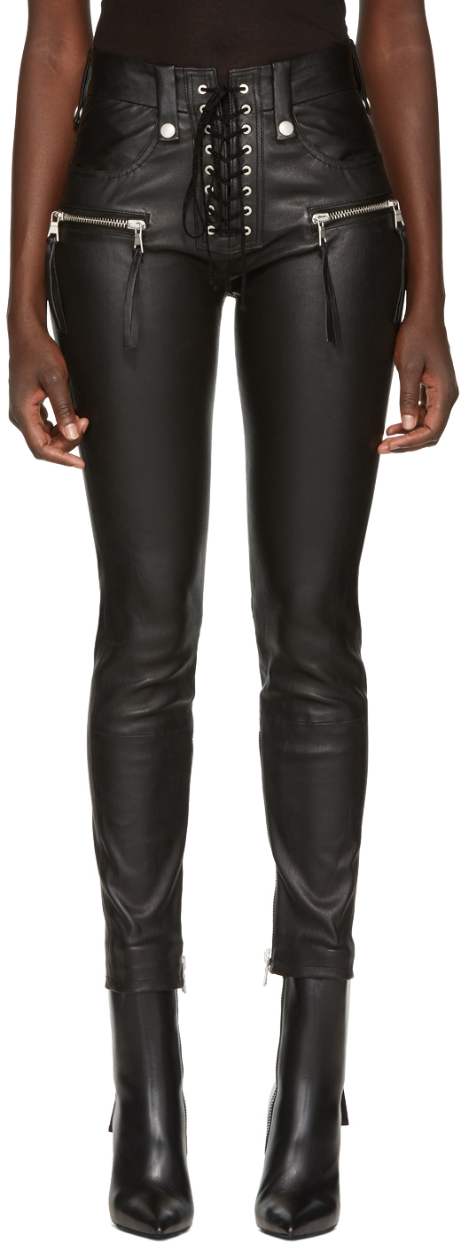 Ribbed Detailing Skinny Leather Trousers