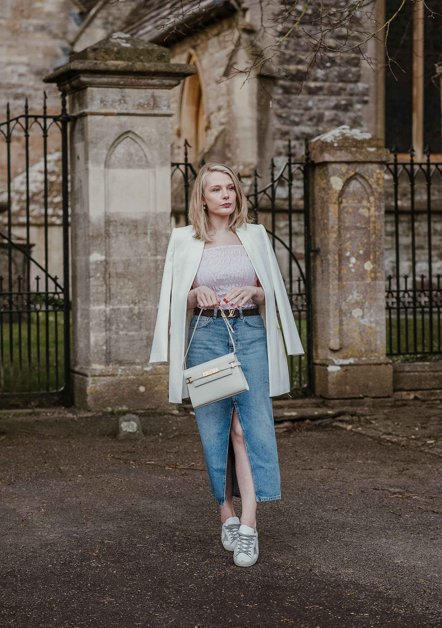 denim skirt with sneakers blazer outfit