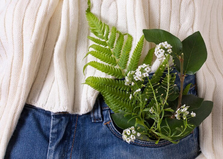 Denim jeans with greenery and flowers