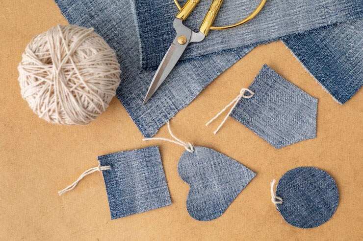 denim fabric crafts with scissors and twine