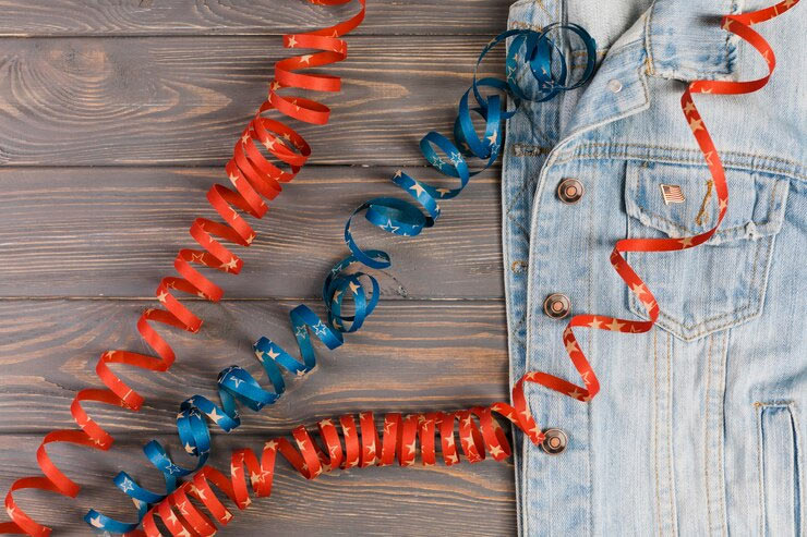 denim jacket with red and blue decorations