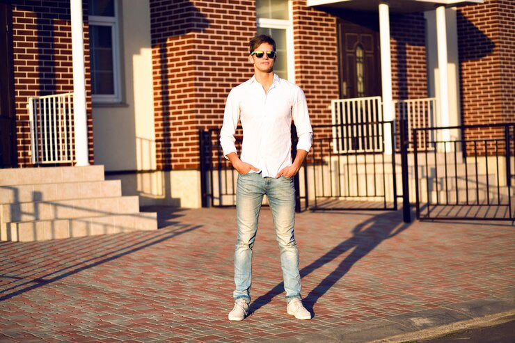 man in slim-fit jeans and shirt