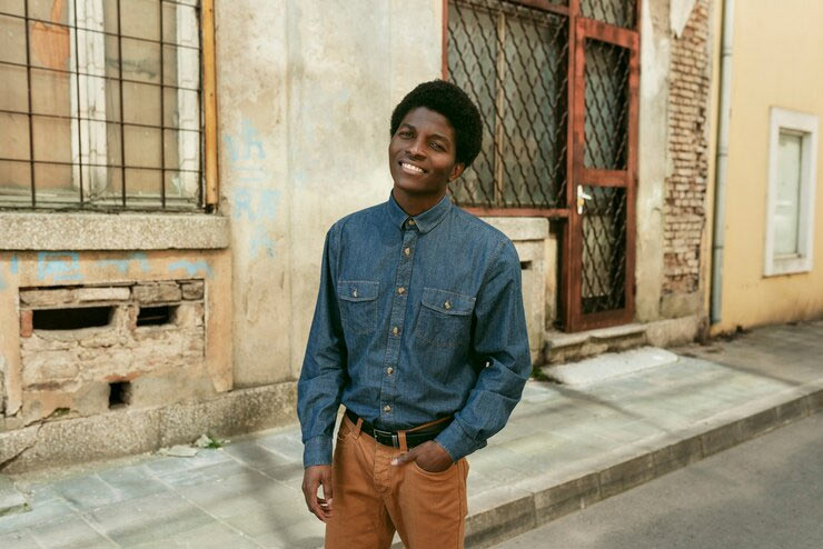 man in denim shirt and chinos